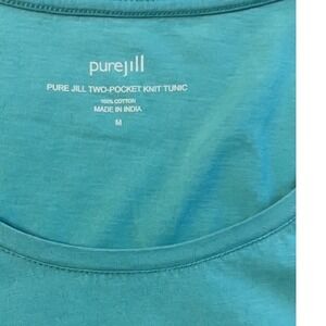 Pure Jill Teal Green Cotton Knit Two Pocket Tunic Shirt Medium 3/4 Sleeve Note!